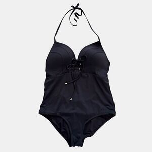 Nip Tuck Swim Lace Up Corset Halter One Piece Swimsuit Size 14 Black NWT New